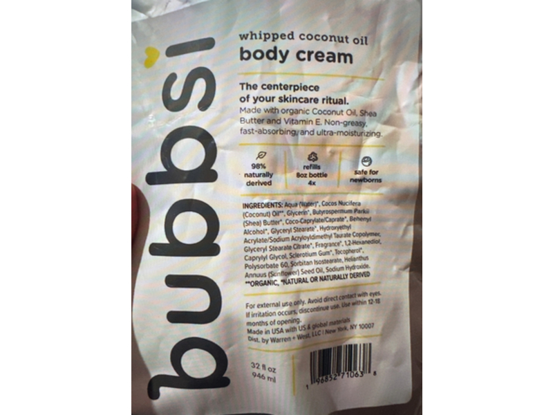Bubbsi Whipped Body cream, Coconut Oil, 32 fl oz/946 mL