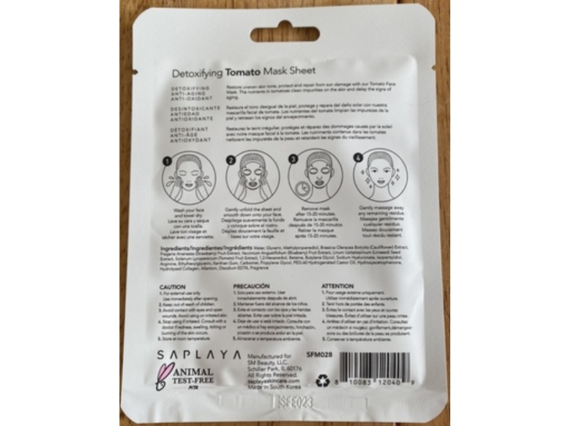 Saplaya Detoxifying Face Mask Sheet, Tomato, 0.8 fl oz/25 mL
