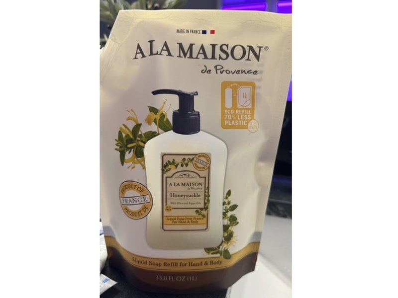 A La Maison De Provence Honeysuckle Hand & Body Liquid Soap, Olive & Argan Oils, 33.8 fl oz/1 L