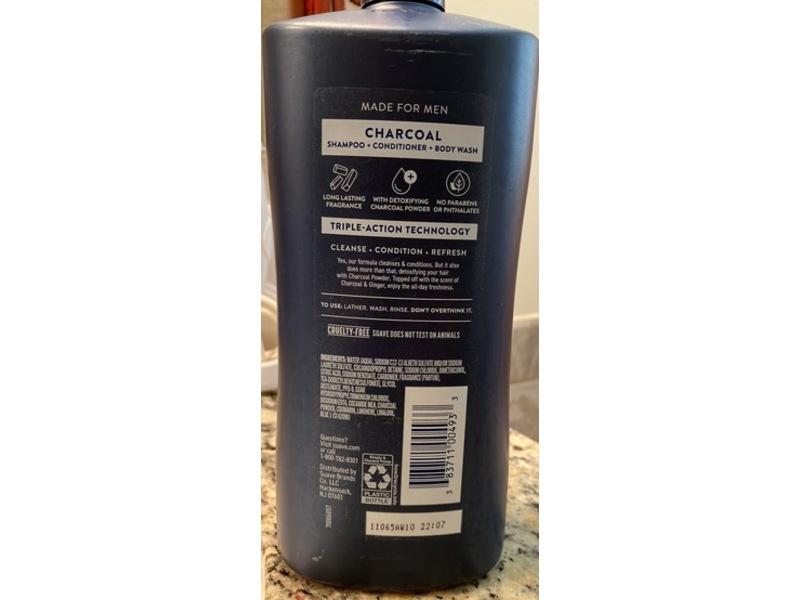 Suave Men Deep Cleansing 3-In-1 Shampoo + Conditioner, Charcoal, 40 fl oz/1.18 L, Pack Of 4