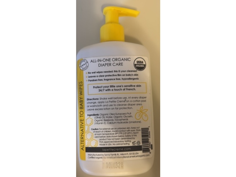 La Petite Creme Organic Diapering Lotion, 8 fl oz/236 mL