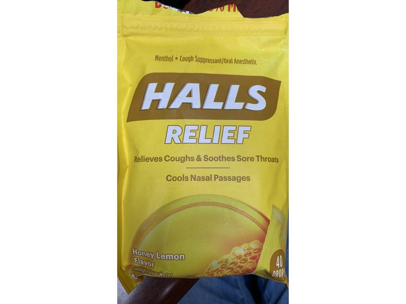 Halls Menthol - Cough Suppressant/Oral Anesthetic, Honey-Lemon, Drops, 40 ct.