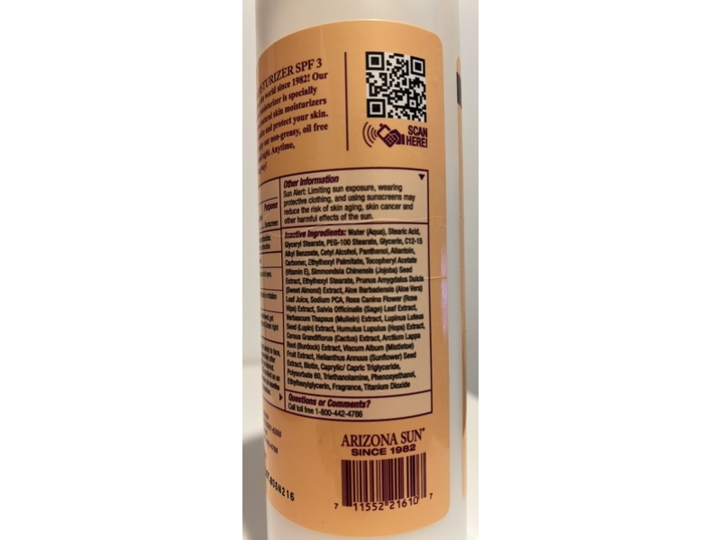 Arizona Sun Moisturizer, SPF 3, 16 fl oz/480 mL