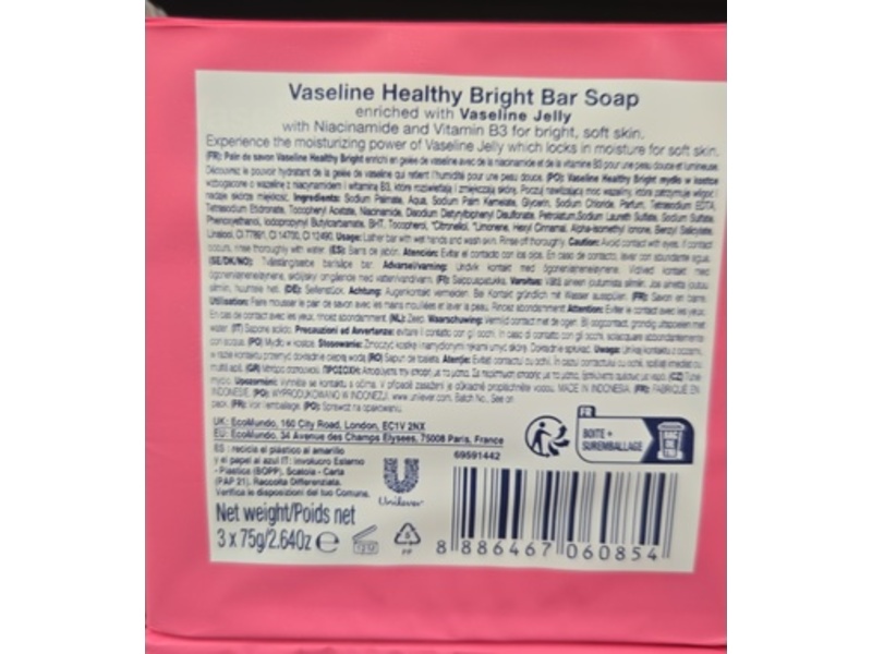Vaseline Healthy Plus Healty Bright Vitamin B3 Bar Soap, Vaseline & Jelly, 2.64 oz/75 g, Pack Of 3