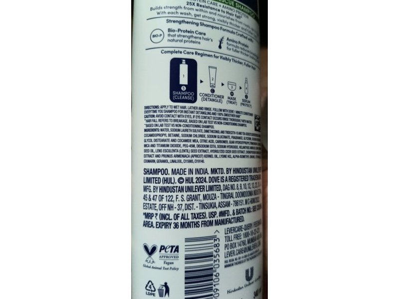 Dove Damage Therapy Hair Fall Rescue Shampoo, Amino Protein, 340 mL
