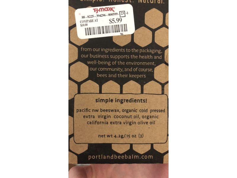 Portland Bee Balm Lip Balm, Unscented, 0.15 oz/4.2 g, 3 Pack