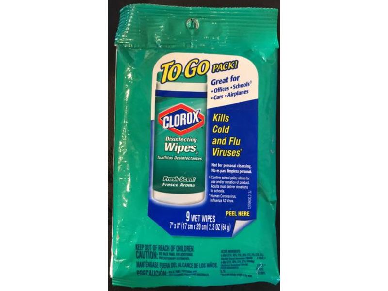 Clorox Disinfecting Wipes, To Go Pack, Fresh Scent, 2.3 oz/64 g, 9 Count, Pack Of 24