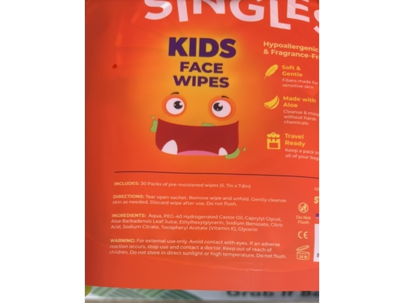 Singles Kids Face Wipes, Fragrance Free, 30 Wipes