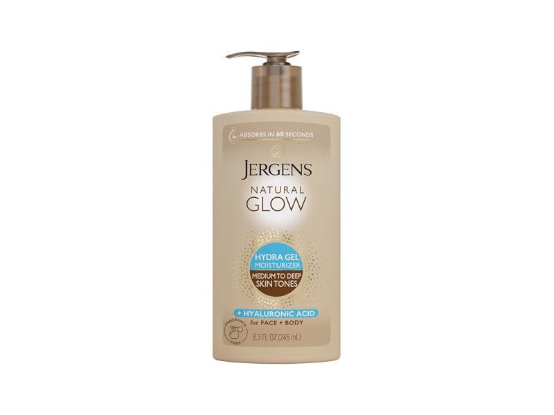 Jergens Natural Glow Hydra Gel Face & Body Moisturizer, Medium To Deep, Hyaluronic Acid, 8.3 fl oz/245 mL