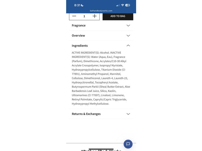 Bath & Body Works Pocketbac Hand Sanitizer, Warm Vanilla Sugar, 1 fl oz/29 mL