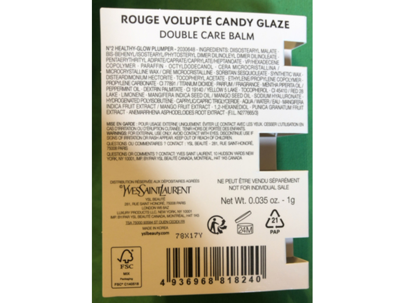 Yves Saint Laurent Double Care Lip Balm, Candy Glaze, 0.035 fl oz/1 g, Pack Of 3