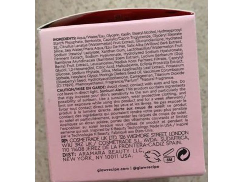 Glow Recipe Watermelon Glow Hyaluronic Clay Pore-Tight Facial, 2.02 fl oz/60 mL