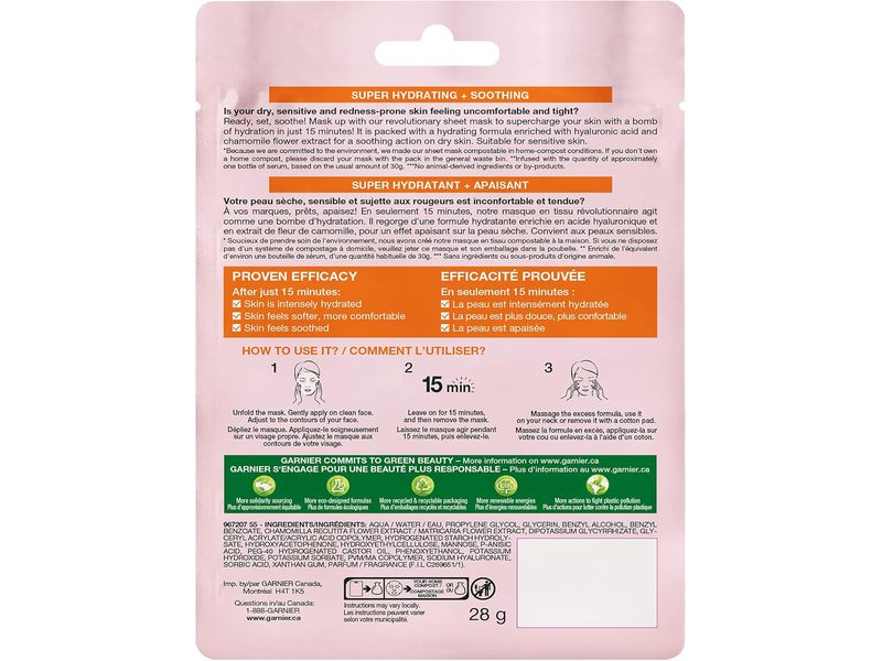 Garnier SkinActive Moisture Bomb Sheet Mask, Hyaluronic Acid + Chamomile, 28 g