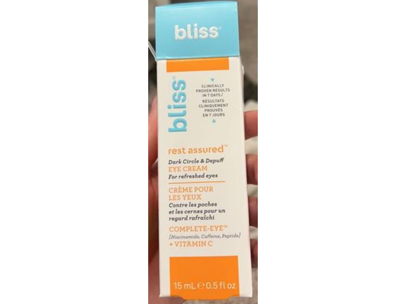 Bliss Rest Assured Dark Circle Depuffing Eye Cream, Vitamin C, 0.5 fl oz/15 mL