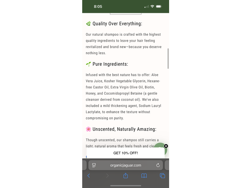 Organic Jaguar Natural Shampoo, Unscented, 13.5 fl oz/400 mL