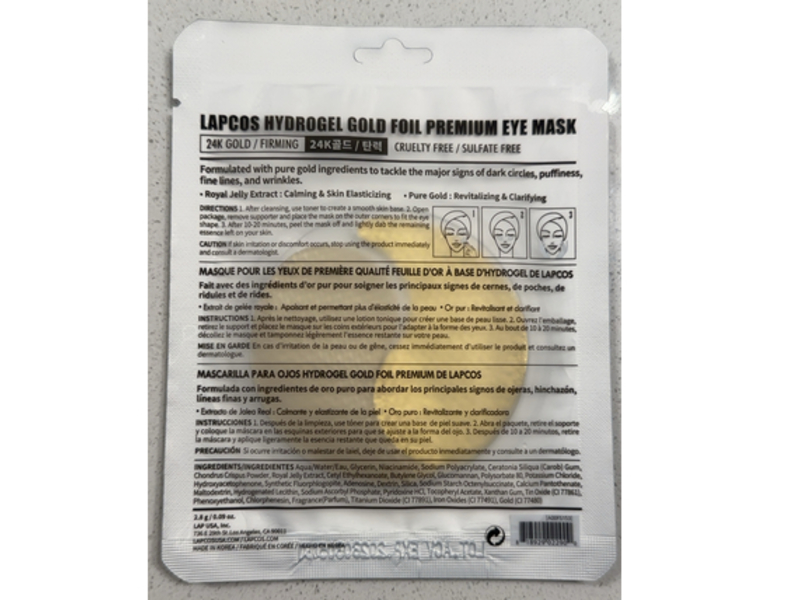 Lapcos Hydrogel Gold Foil Premium Eye Mask, 24k Gold, 0.09 oz/2.8 g