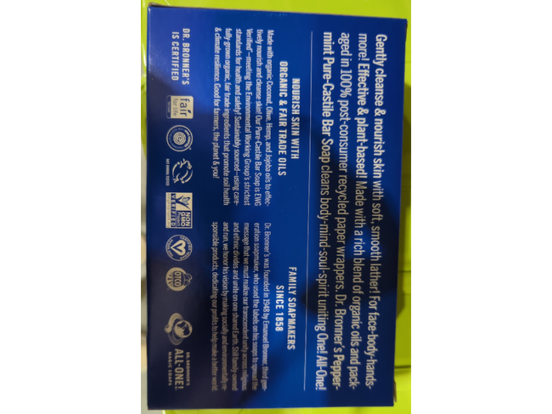 Dr Bronner's Pure Castille Bar Soap, Peppermint, 30 oz/840 g, Pack Of 6