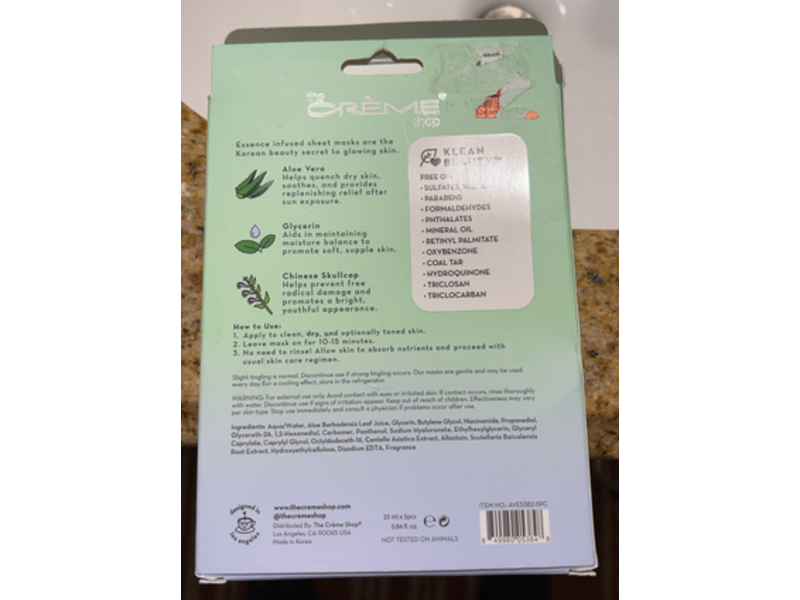 The Creme Shop Klean Beauty Essence Sheet Mask, Aloe Vera+Glycerin & Chinese Skullcap, 0.84 fl oz/25 mL, 5 Count