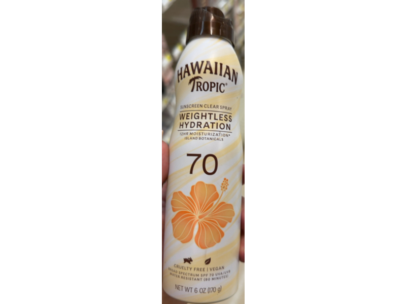 Hawaiian Tropic Sunscreen Clear Spray, Weightless Hydration, SPF 70, 6 oz/170 g