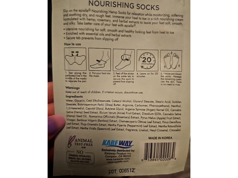 Epielle K-Beauty Nourishing Socks, Hemp + Rosemary Herbal Extracts, 1 Pair