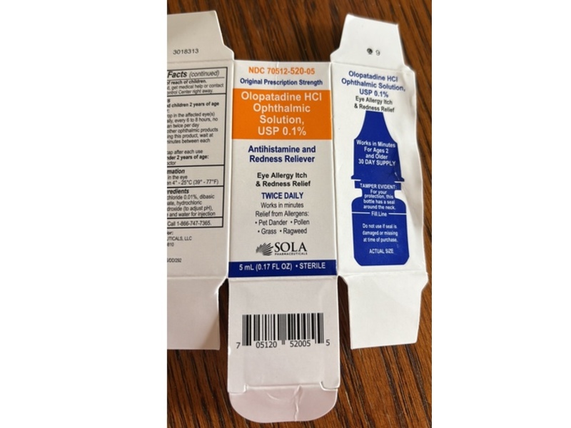 Sola Pharmaceuticals Olopatadine HCL Ophthalmic Solution 0.1%, 0.17 fl oz/5 mL
