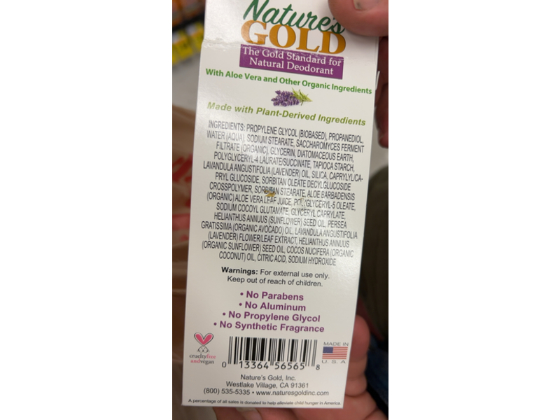 Nature's Gold Natural Deodorant, Bulgarian Lavender, 2.50 oz/71 g