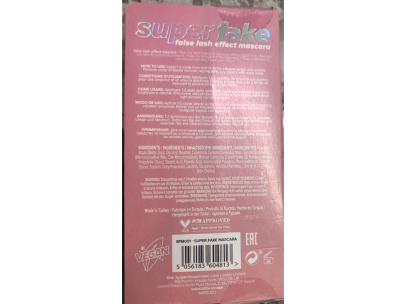 Lottie London Super Fake False Lash Effect Mascara, Black, 0.30 fl oz/9 mL