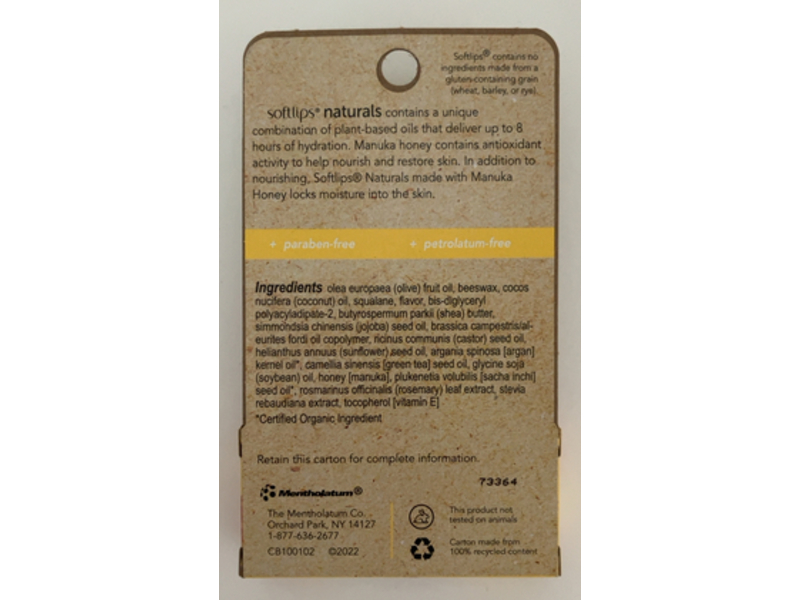 Softlips Natural Lip Balm, Manuka Honey, Mint, Ultra nourishing, 0.15 oz/4.2 g, Pack Of 2