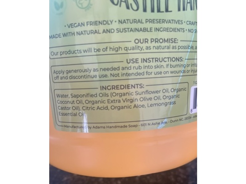Adams Handmade Soap Castile Hand Soap, Lemongrass Essential Oil, 128 fl oz/3.78 L