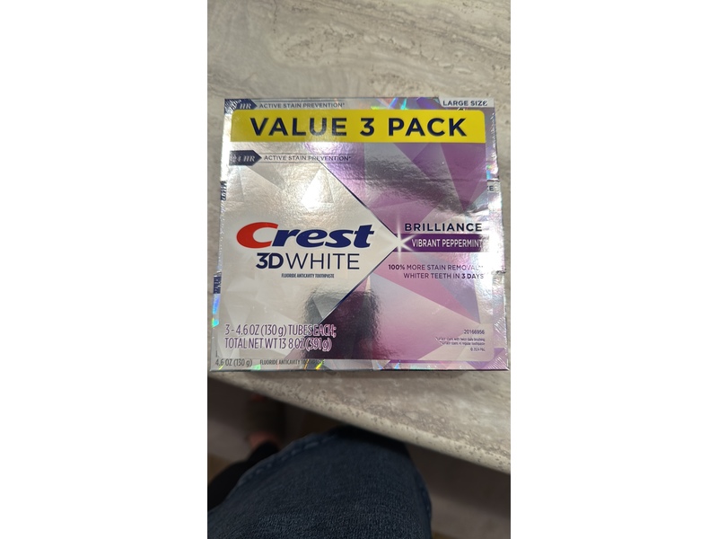 Crest 3D White Brilliance Toothpaste, Vibrant Peppermint, 4.6 oz/130 g, Pack Of 3