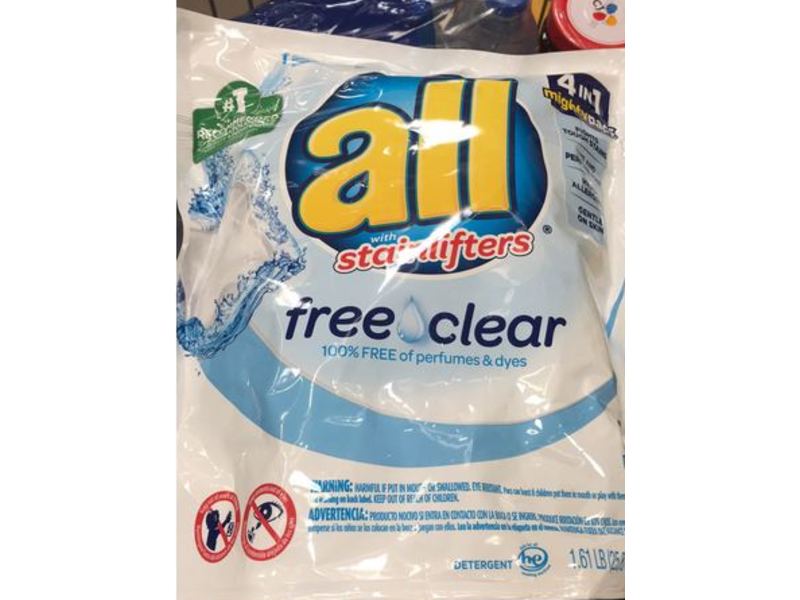 All With Stainlifters 4 In 1 Mightypacs Laundry Detergent, Free & Clear, 25.8 oz/733 g, 39 Count