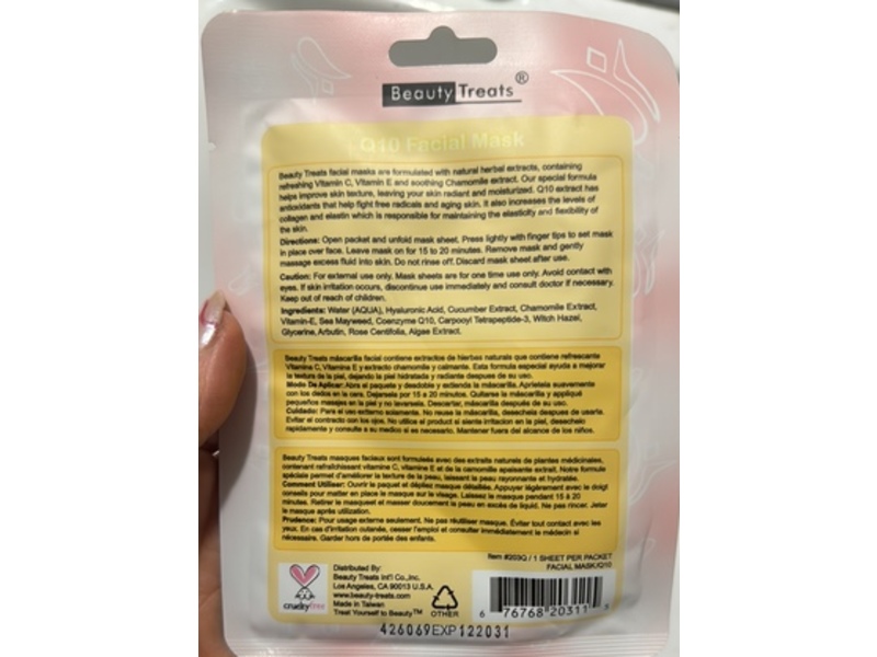 Beauty Treats Q10 Facial Mask, 0.85 fl oz/25 mL, 10 Count