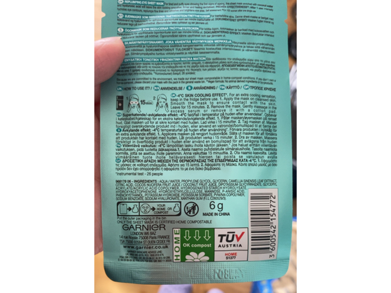 Garnier Skin Active Moisture Bomb Eye Sheet Mask, Visibly Smooths Eye Area + Plumps Eye Contours, Hyaluronic Acid + Coconut Water