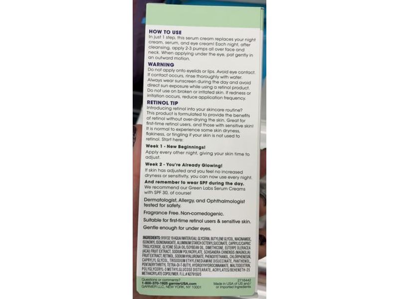 Garnier Green Labs 3-In-1 Night Cream + Serum + Eye Cream, Retinol-Berry, 1.7 fl oz/50 mL