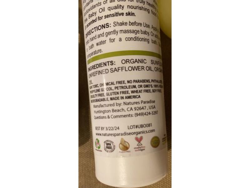 Naturals Paradise Baby Organic Baby Oil, Unscented, 4 fl oz