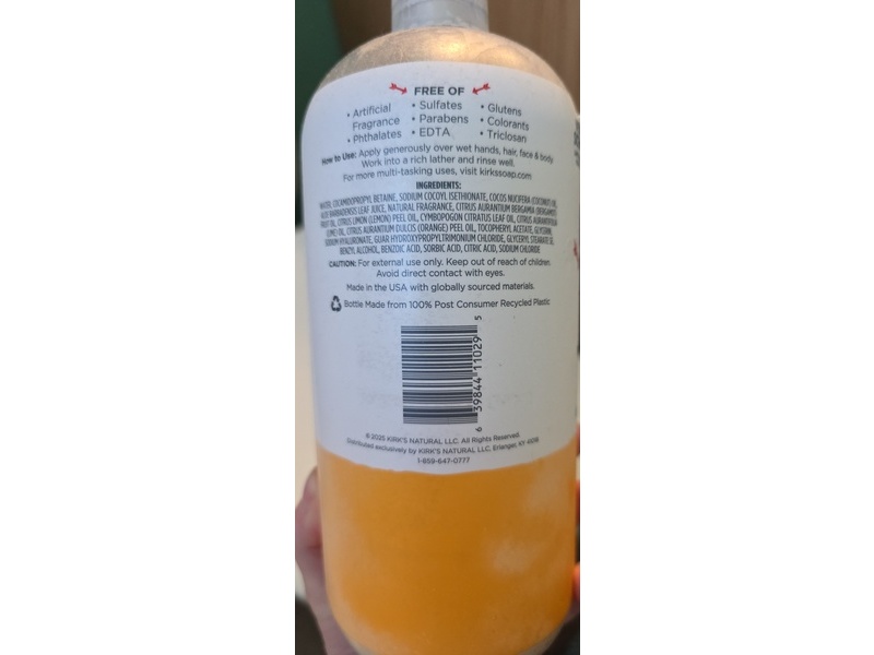 Kirk's 3-In-1 Head To Toe Nourishing Cleanser, Coconut Oil & Aloe Vera, Citrus Twist, 32 fl oz/946 mL