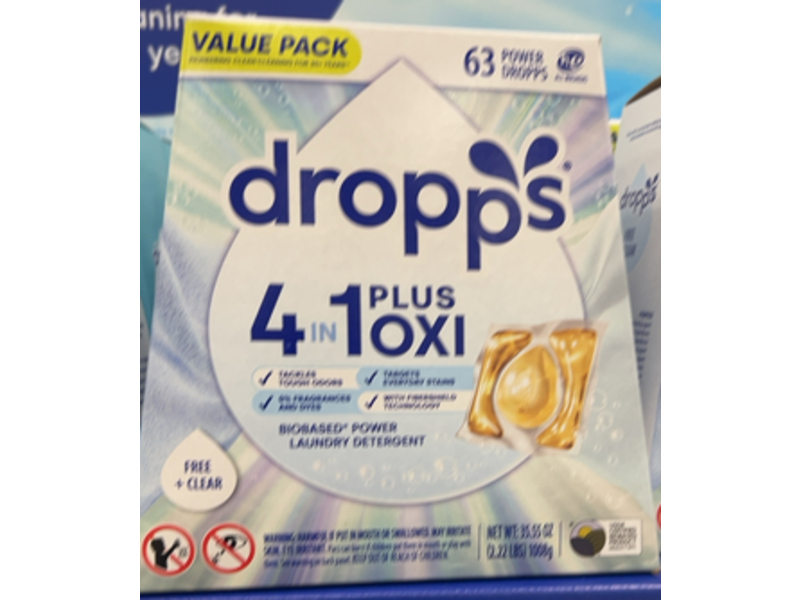 Dropps 4 In 1 Plus OXI Biobased Power Laundry Detergent, Free + Clear, 35.55 oz/1008 g, 63 Count