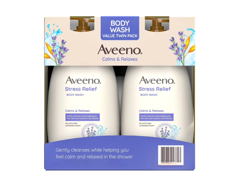 Aveeno Stress Relief Body Wash, Prebiotic Oat + Lavender Scent, 18 fl oz/532 mL, Pack Of 2
