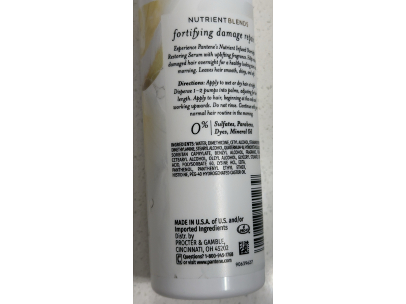 Pantene Fortifying Damage Repair Overnight Restoring Serum, Castor Oil, 3.2 fl oz/95 mL