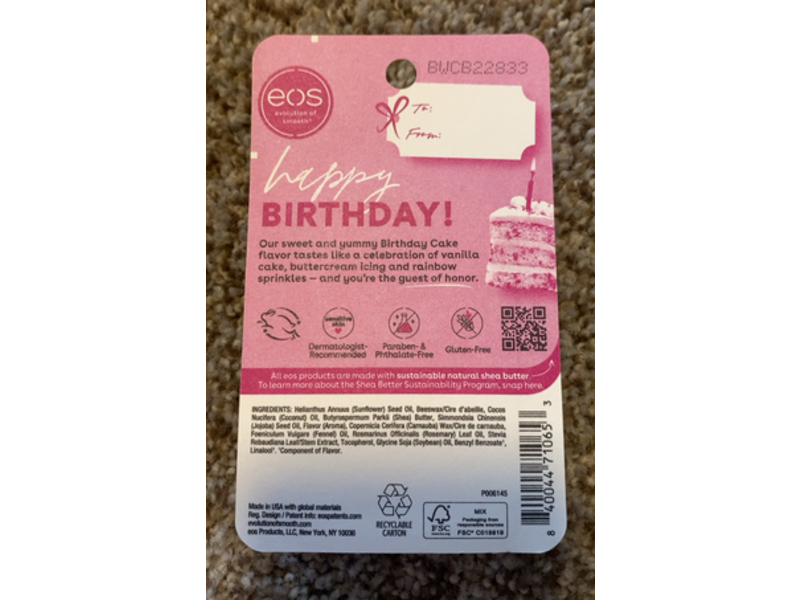 EOS Evolution Of Smooth Lip Balm, Birthday Cake, 0.14 oz/4 g, Pack Of 2