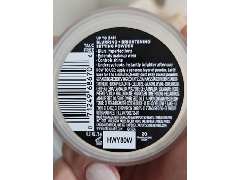 L'Oreal Paris Infallible Blur-Fection Loose Setting Powder, 20 Translucent Light, 0.21 oz/6 g