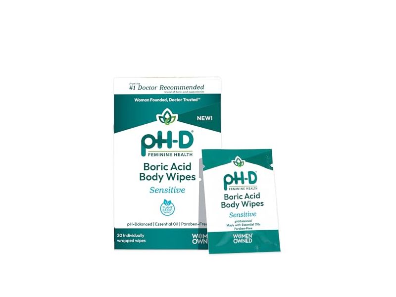 pH-D Feminine Health Support Body Wipes, Boric Acid, 20 Count