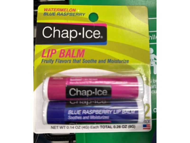 Chap Ice Lip Balm, Watermelon Blue Raspberry, 0.28 oz/8 g, 2 Count