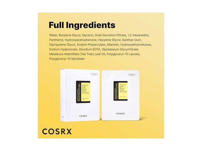 COSRX Advanced Snail Mucin Power Sheet Mask, 0.84 fl oz/25 mL, 10 Count, Pack Of 2