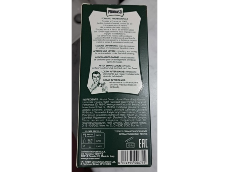 Proraso Refreshing Aftershave Lotion, Eucalyptus Oil And Menthol, 13.5 Fl Oz/400 ML