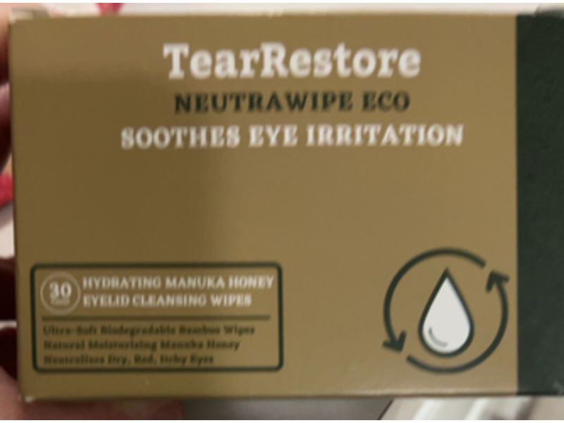 TearRestore Neutrawipe Eco Eyelid Cleansing Wipes, Hydrating Manuka Honey, 30 Count