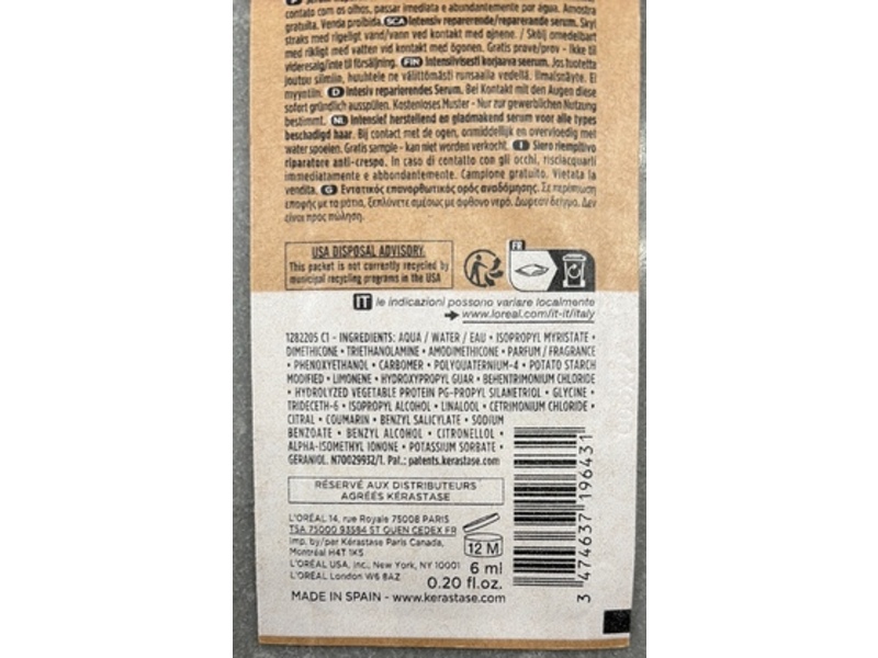 Kerastase Paris Reparative Anti-Frizz Serum, Peptide + Glycine, 0.20 fl oz/6 mL