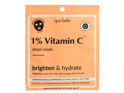 Que Bella 1% Vitamin C Sheet Mask, 0.63 oz/18 g