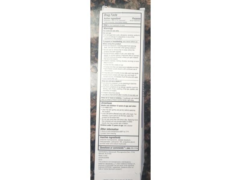 Glenmark Therapeutics Adapalene Gel 0.1% Acne Treatment, 1.6 oz/45 g