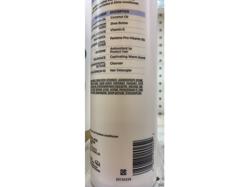 Pantene Curl Define & Shine Shampoo, Coconut + Shea, 13.5 fl oz/400 mL